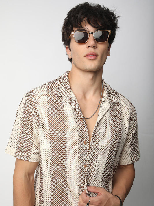 Interweave Beige Crochet Striped Oversized Shirt