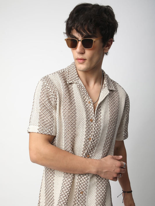 Interweave Beige Crochet Striped Oversized Shirt