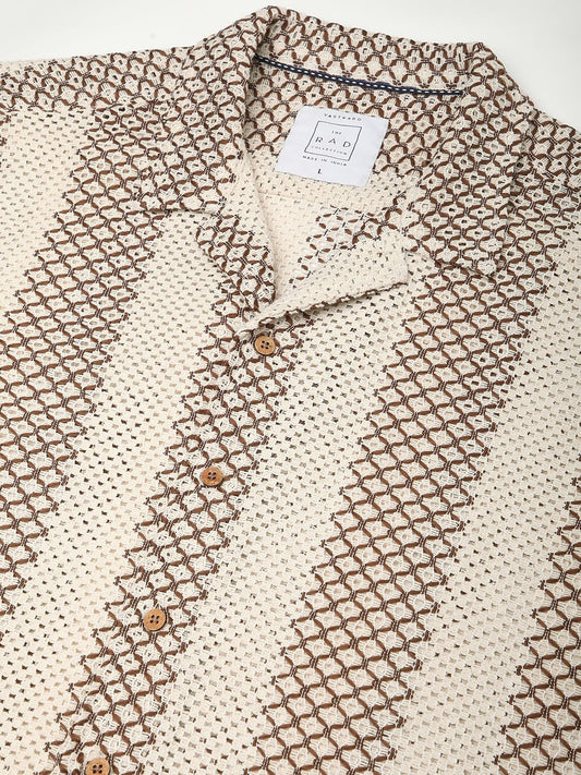 Interweave Beige Crochet Striped Oversized Shirt