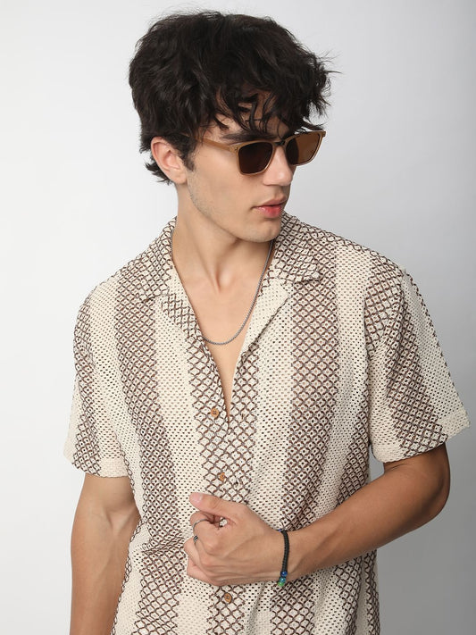 Interweave Beige Crochet Striped Oversized Shirt