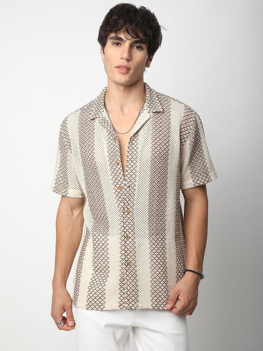 Interweave Beige Crochet Striped Oversized Shirt