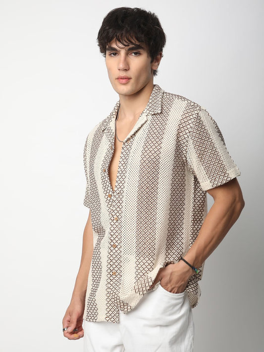 Interweave Beige Crochet Striped Oversized Shirt