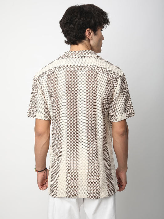 Interweave Beige Crochet Striped Oversized Shirt