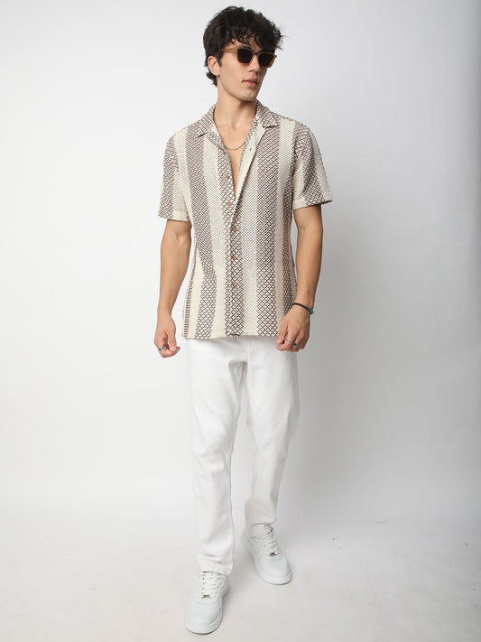 Interweave Beige Crochet Striped Oversized Shirt
