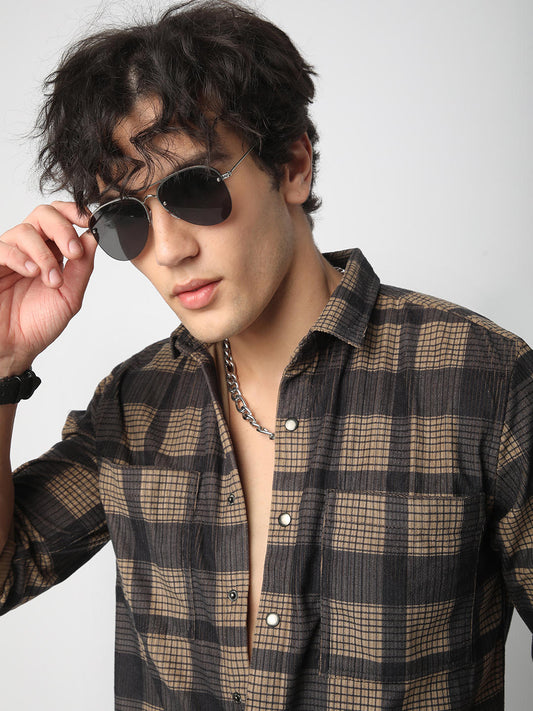 Brown Pearl Checks Double Pocket Corduroy Overshirt