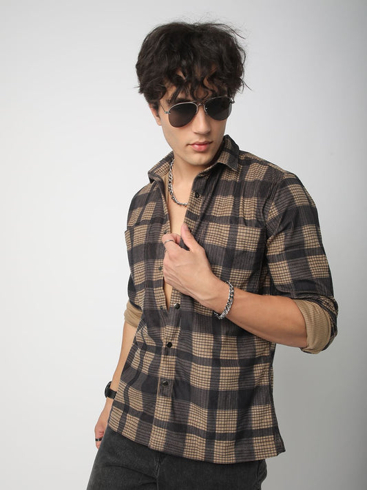 Brown Pearl Checks Double Pocket Corduroy Overshirt