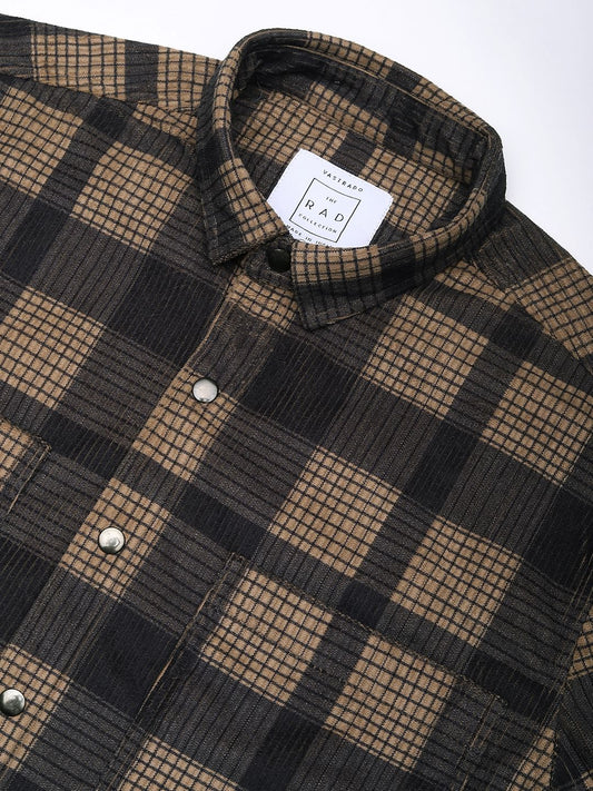 Brown Pearl Checks Double Pocket Corduroy Overshirt