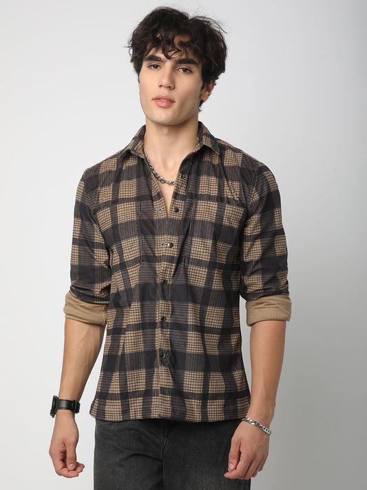 Brown Pearl Checks Double Pocket Corduroy Overshirt