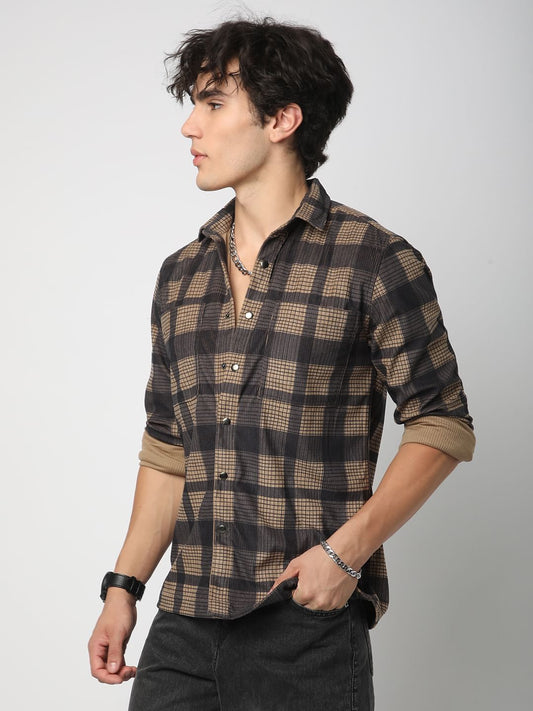 Brown Pearl Checks Double Pocket Corduroy Overshirt