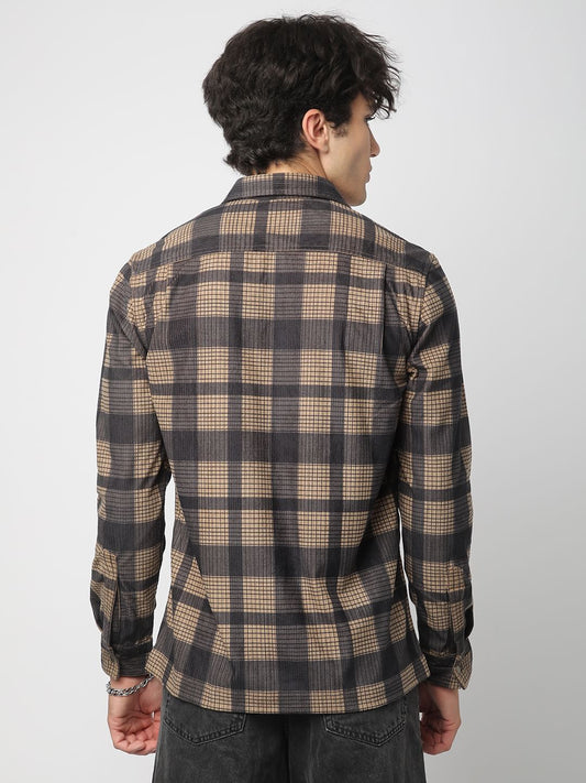 Brown Pearl Checks Double Pocket Corduroy Overshirt
