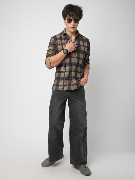 Brown Pearl Checks Double Pocket Corduroy Overshirt