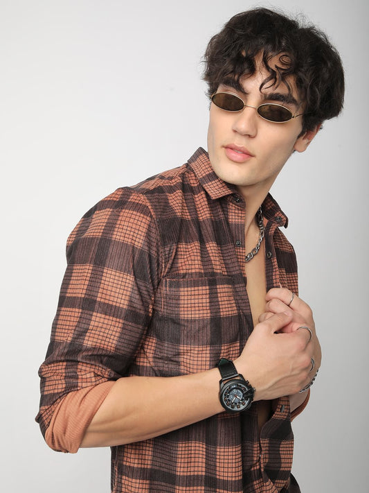 Walnut Brown Checked Double Pocket Corduroy Shirt