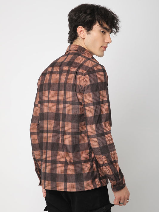 Walnut Brown Checked Double Pocket Corduroy Shirt