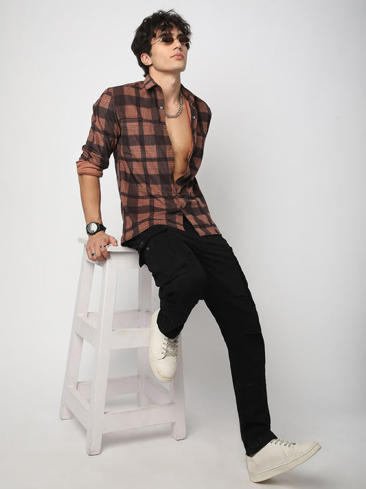 Walnut Brown Checked Double Pocket Corduroy Shirt