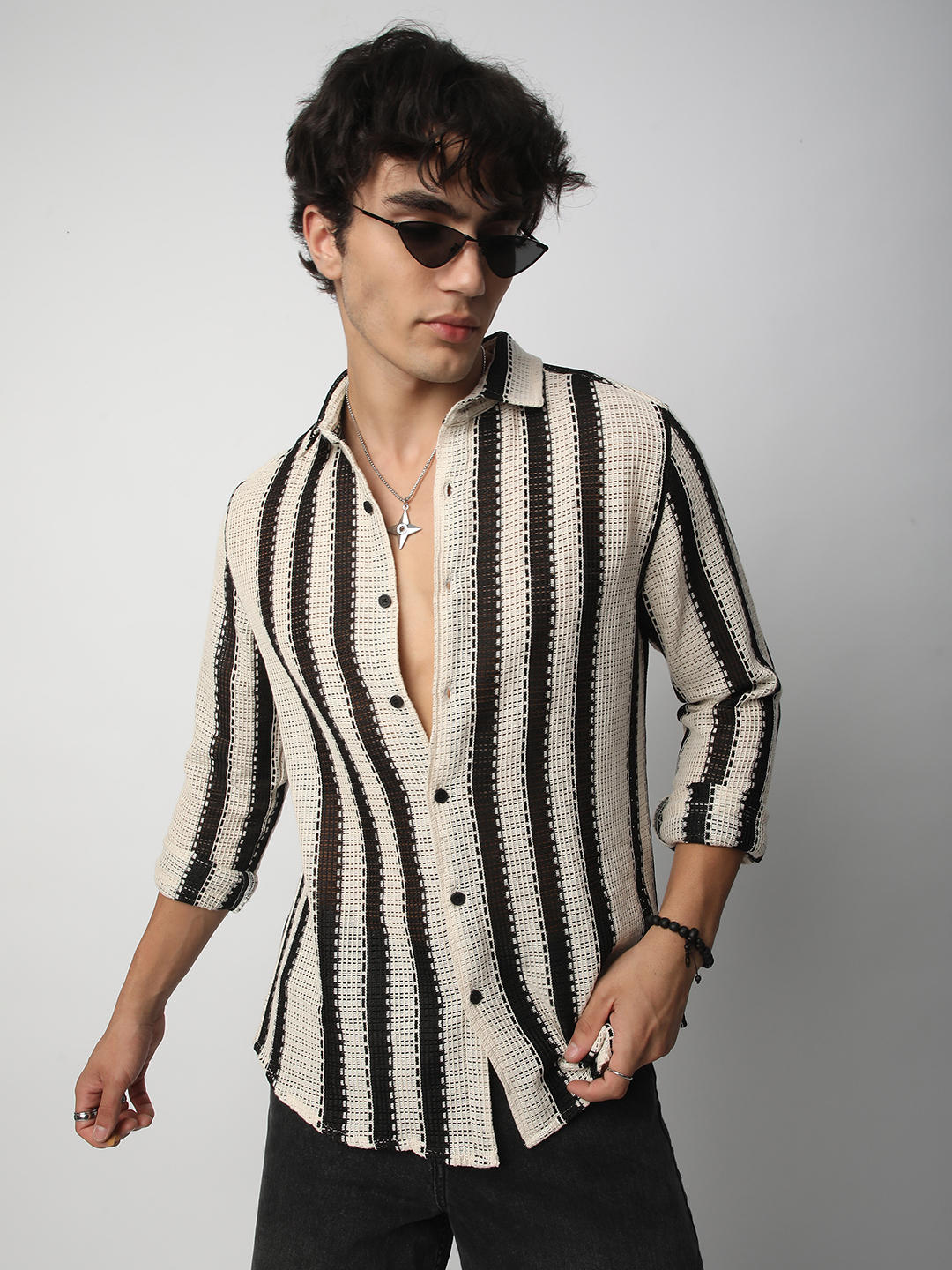 Black Interweave Crochet Striped Shirt