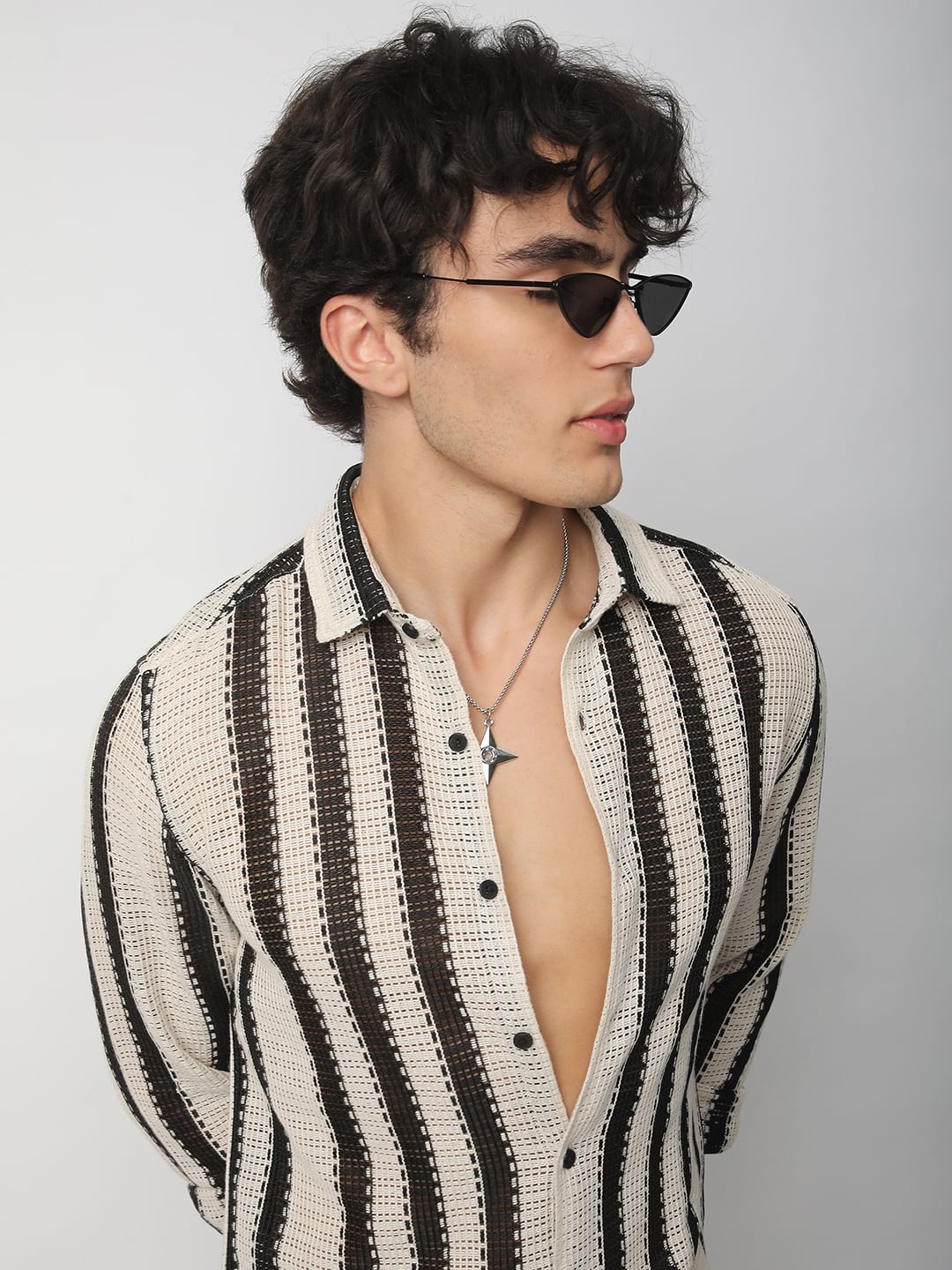 Black Interweave Crochet Striped Shirt