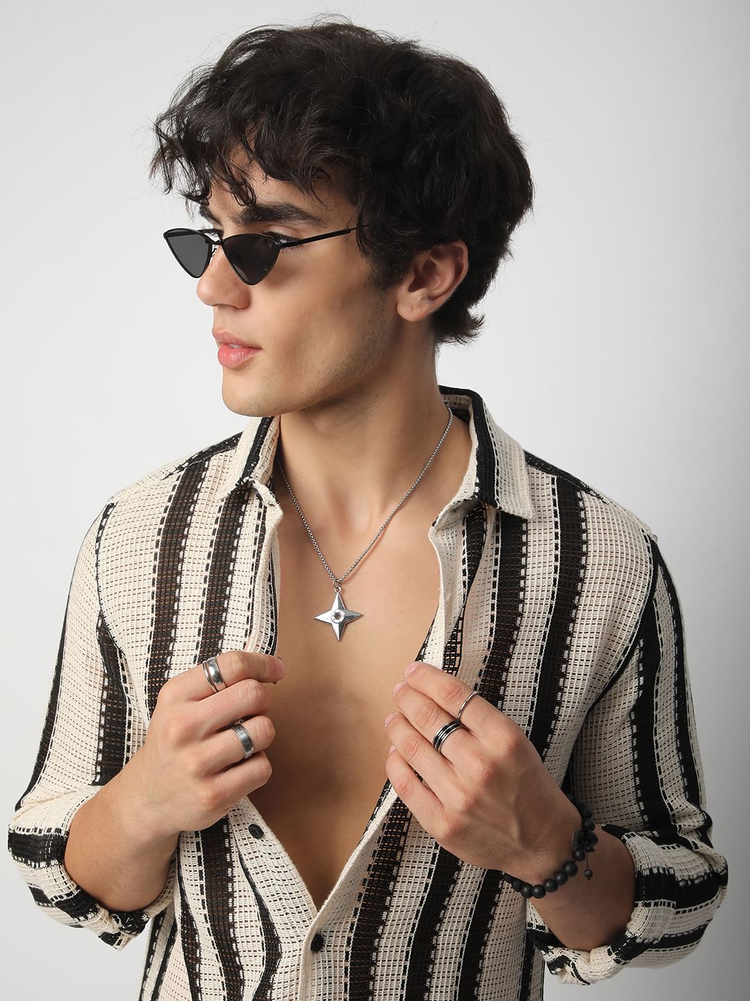 Black Interweave Crochet Striped Shirt