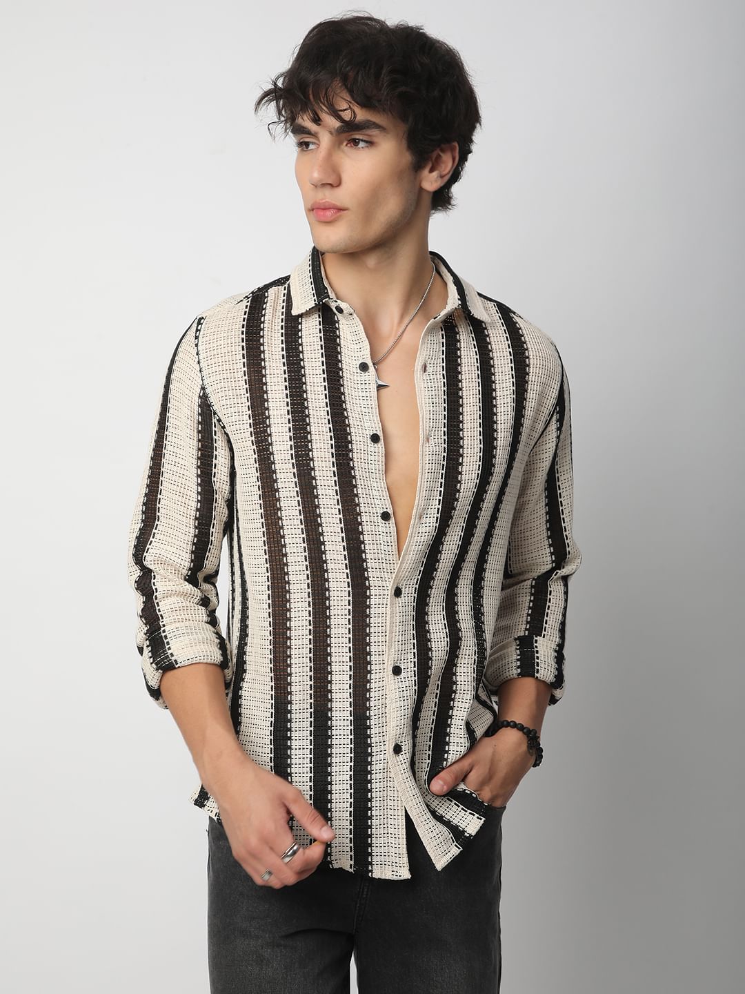 Black Interweave Crochet Striped Shirt