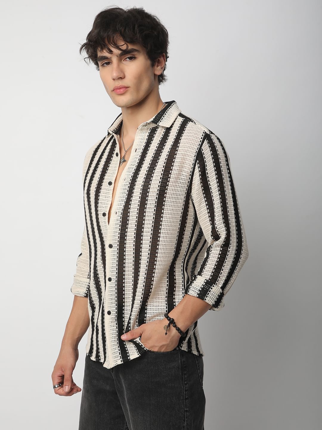 Black Interweave Crochet Striped Shirt