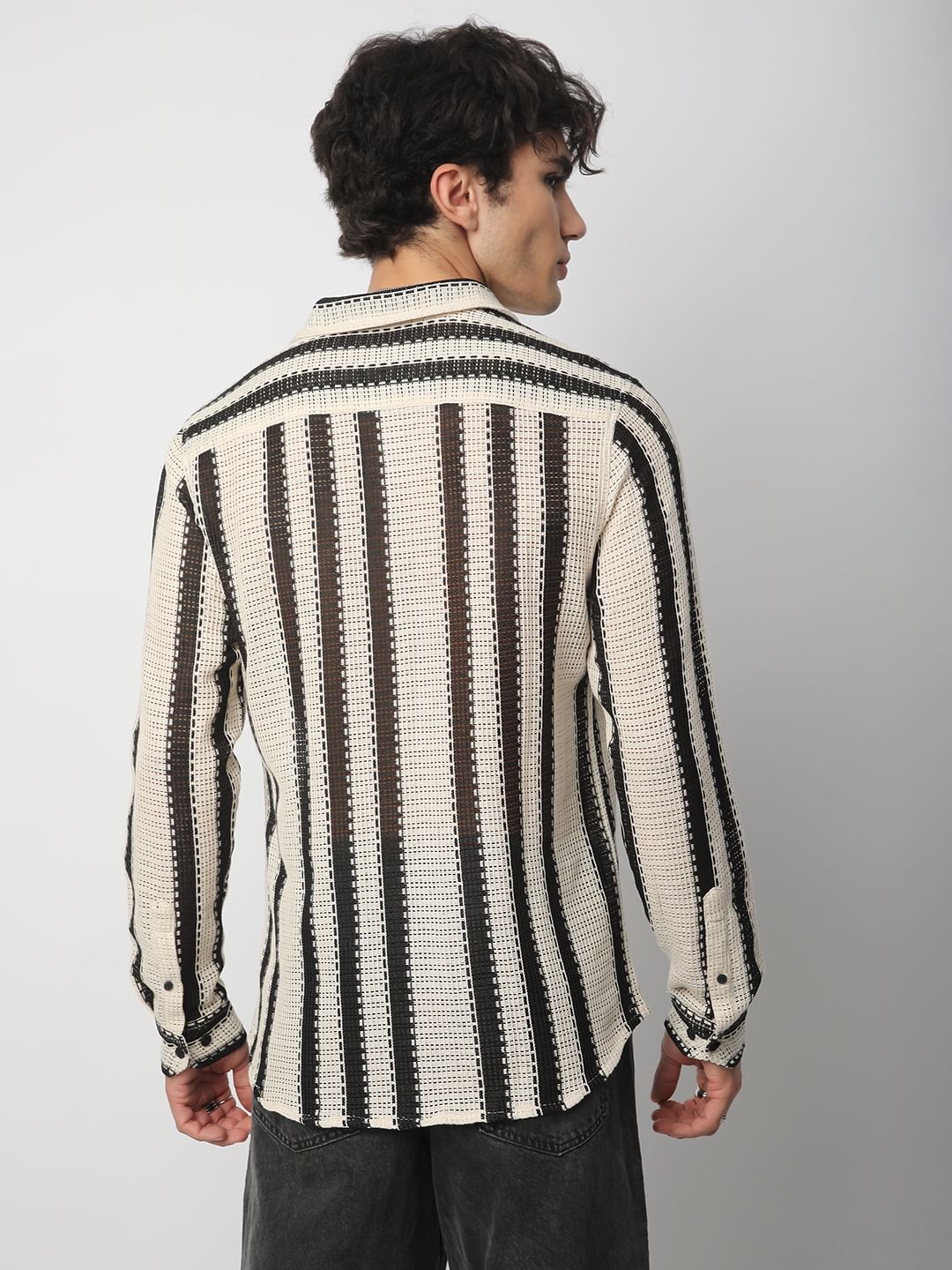 Black Interweave Crochet Striped Shirt