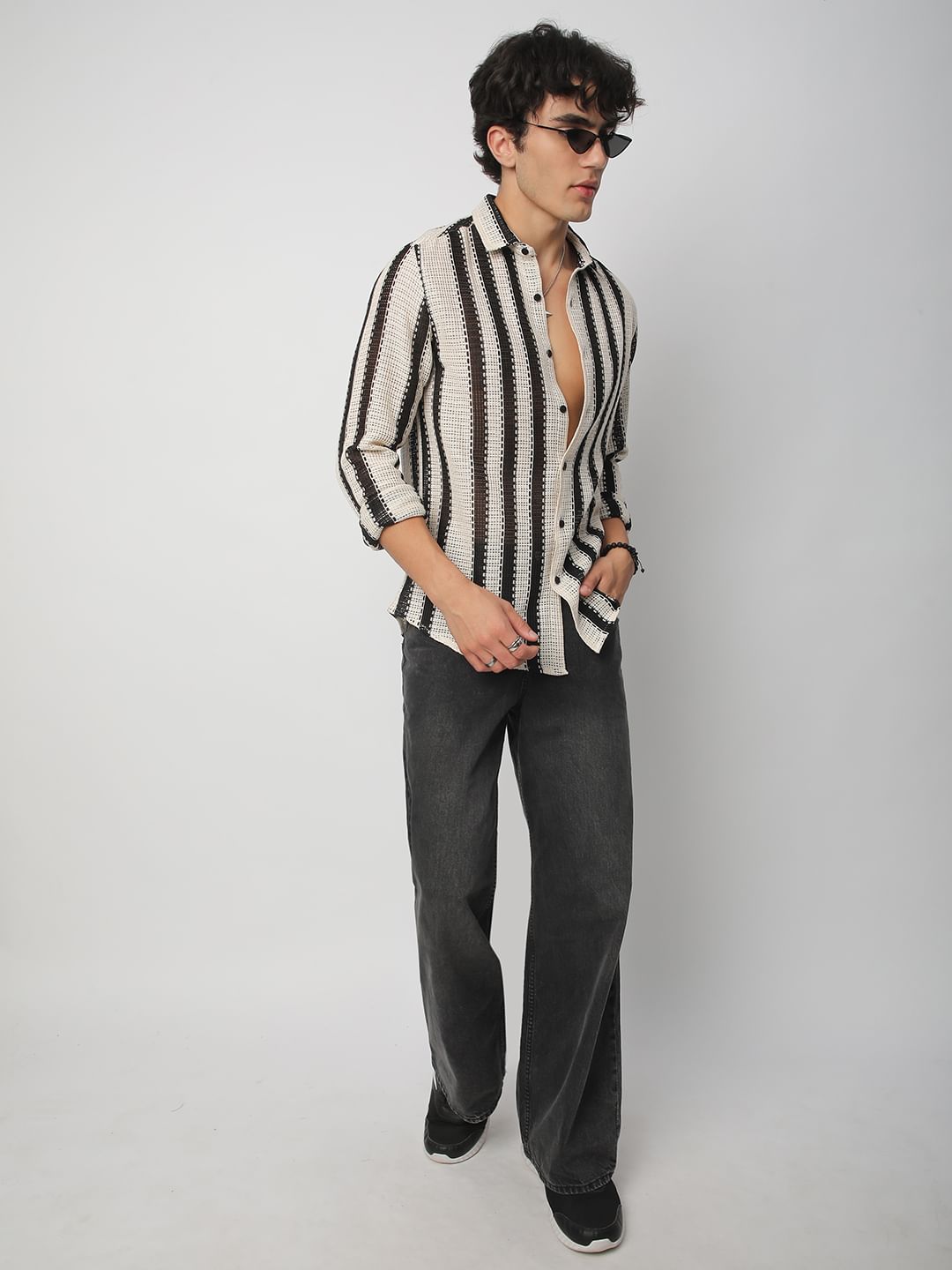 Black Interweave Crochet Striped Shirt