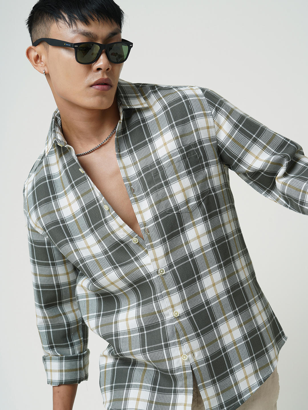 Olive Tartanique Checkered Waffle Shirt