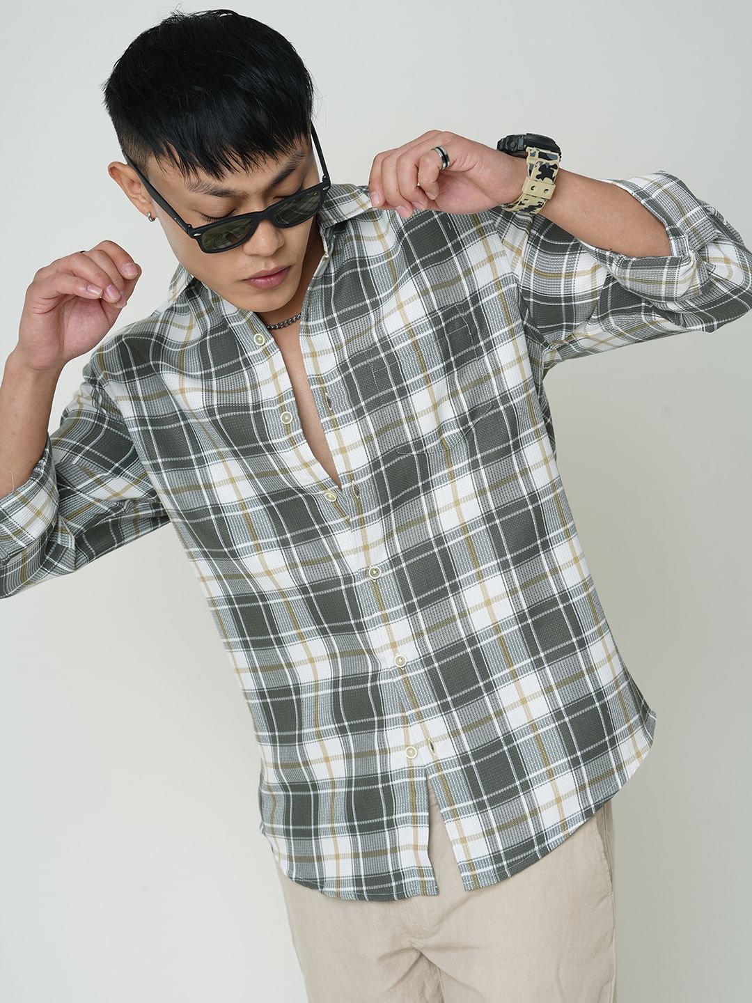 Olive Tartanique Checkered Waffle Shirt