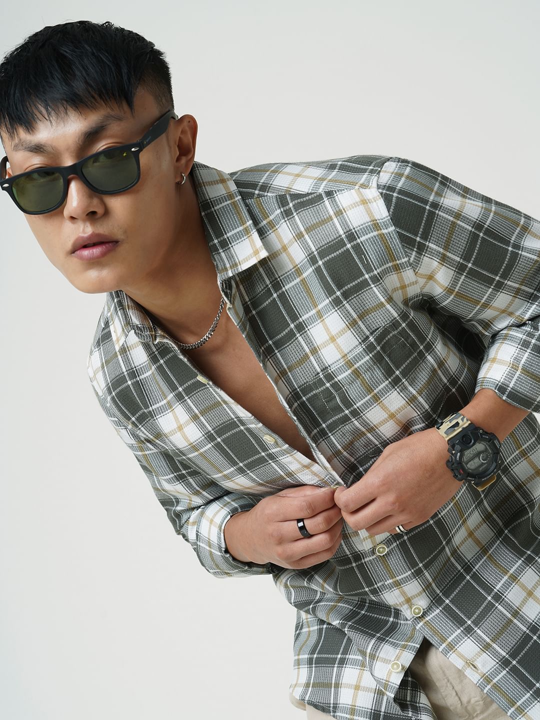 Olive Tartanique Checkered Waffle Shirt
