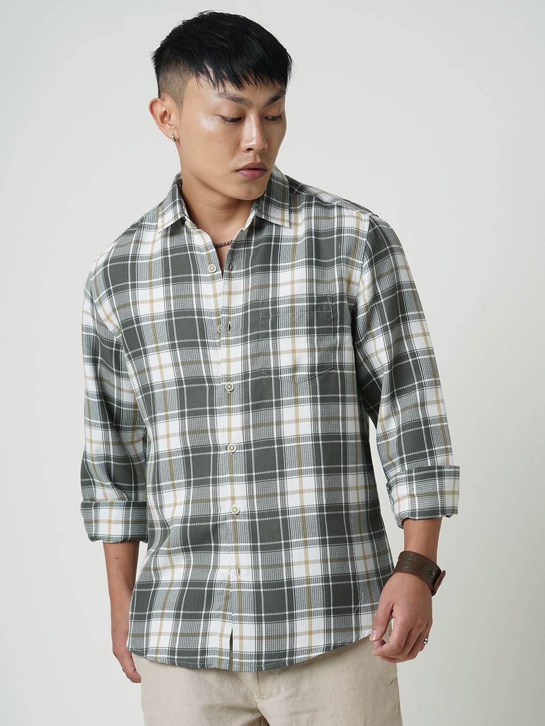 Olive Tartanique Checkered Waffle Shirt