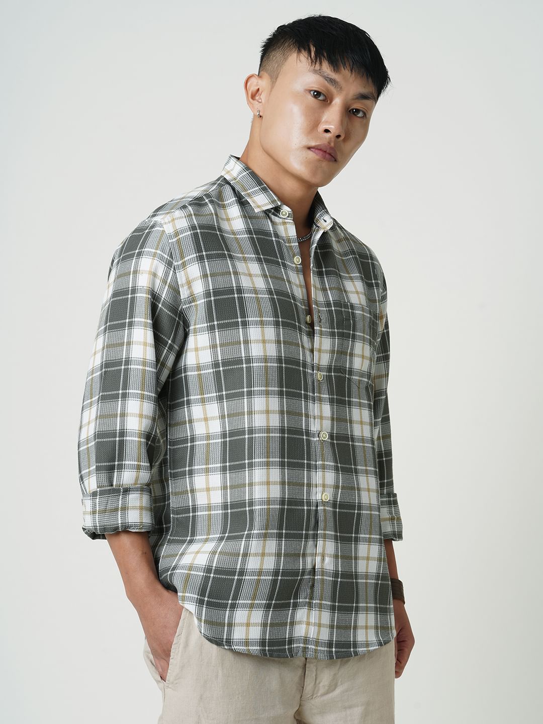 Olive Tartanique Checkered Waffle Shirt