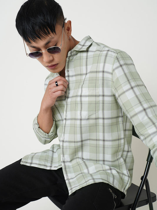 Sage Green Tartan Checkered Waffle Shirt