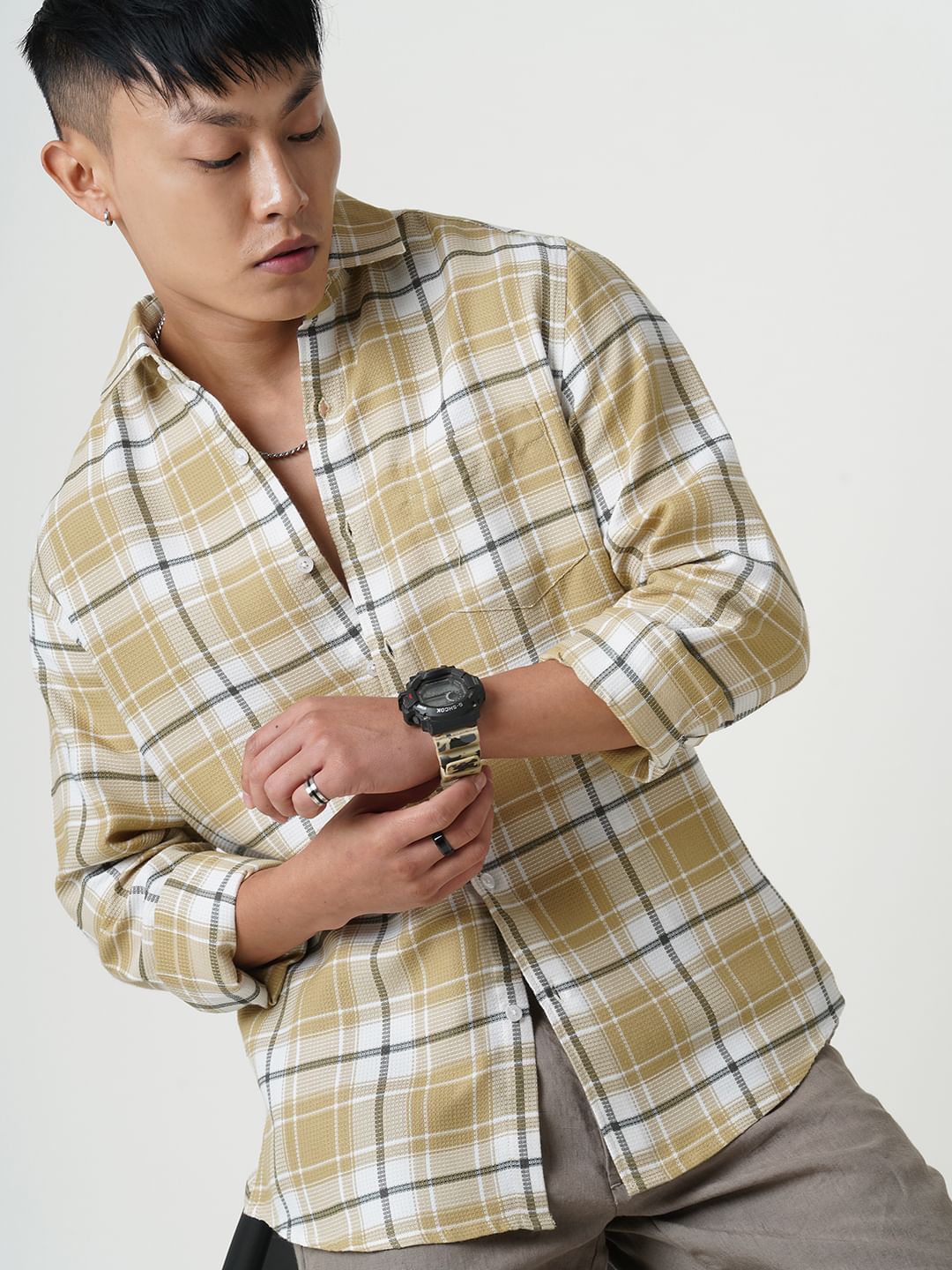Voguish Beige Plaid Checked Waffle Shirt