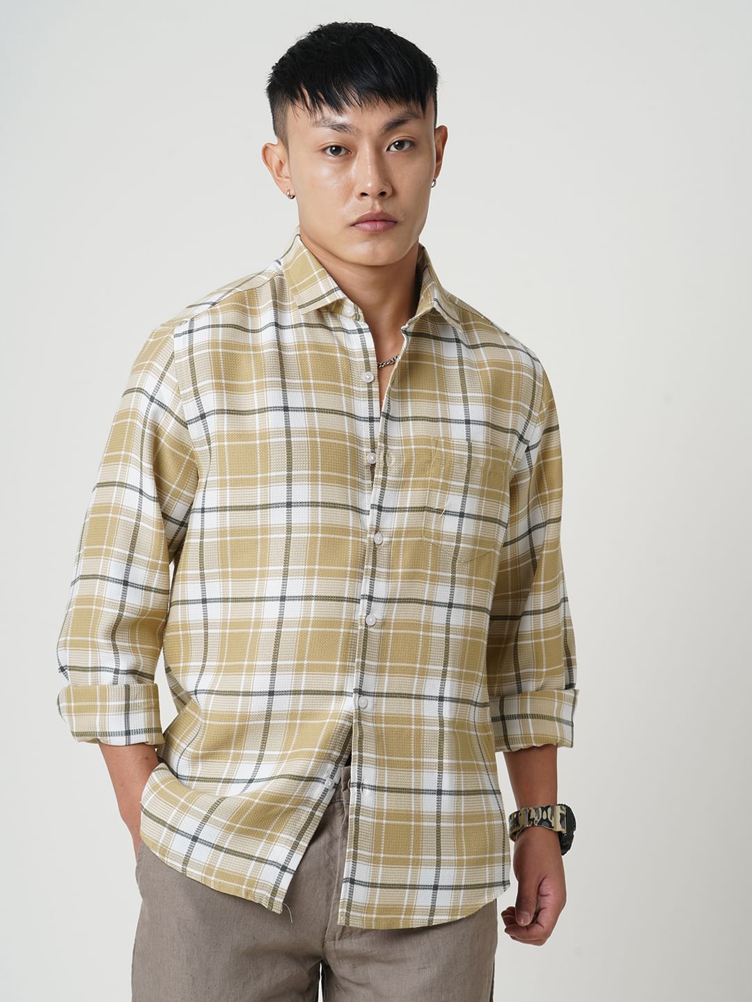 Voguish Beige Plaid Checked Waffle Shirt