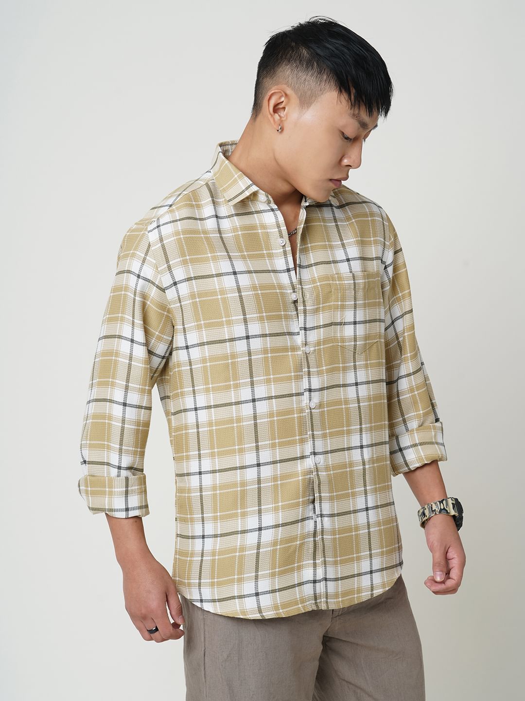 Voguish Beige Plaid Checked Waffle Shirt