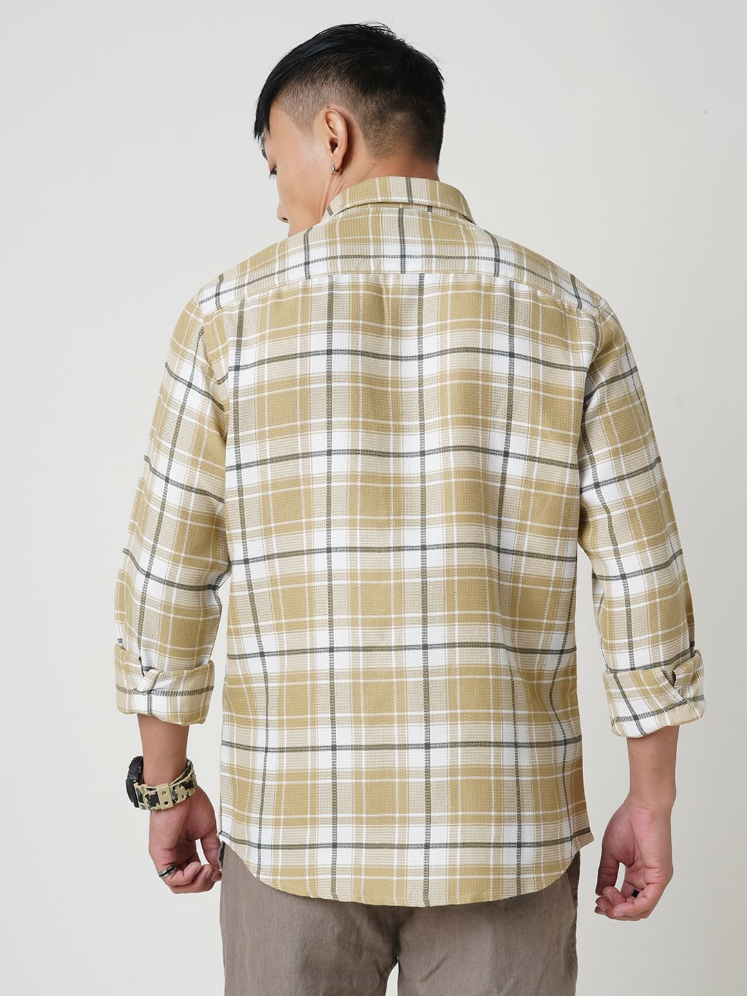 Voguish Beige Plaid Checked Waffle Shirt