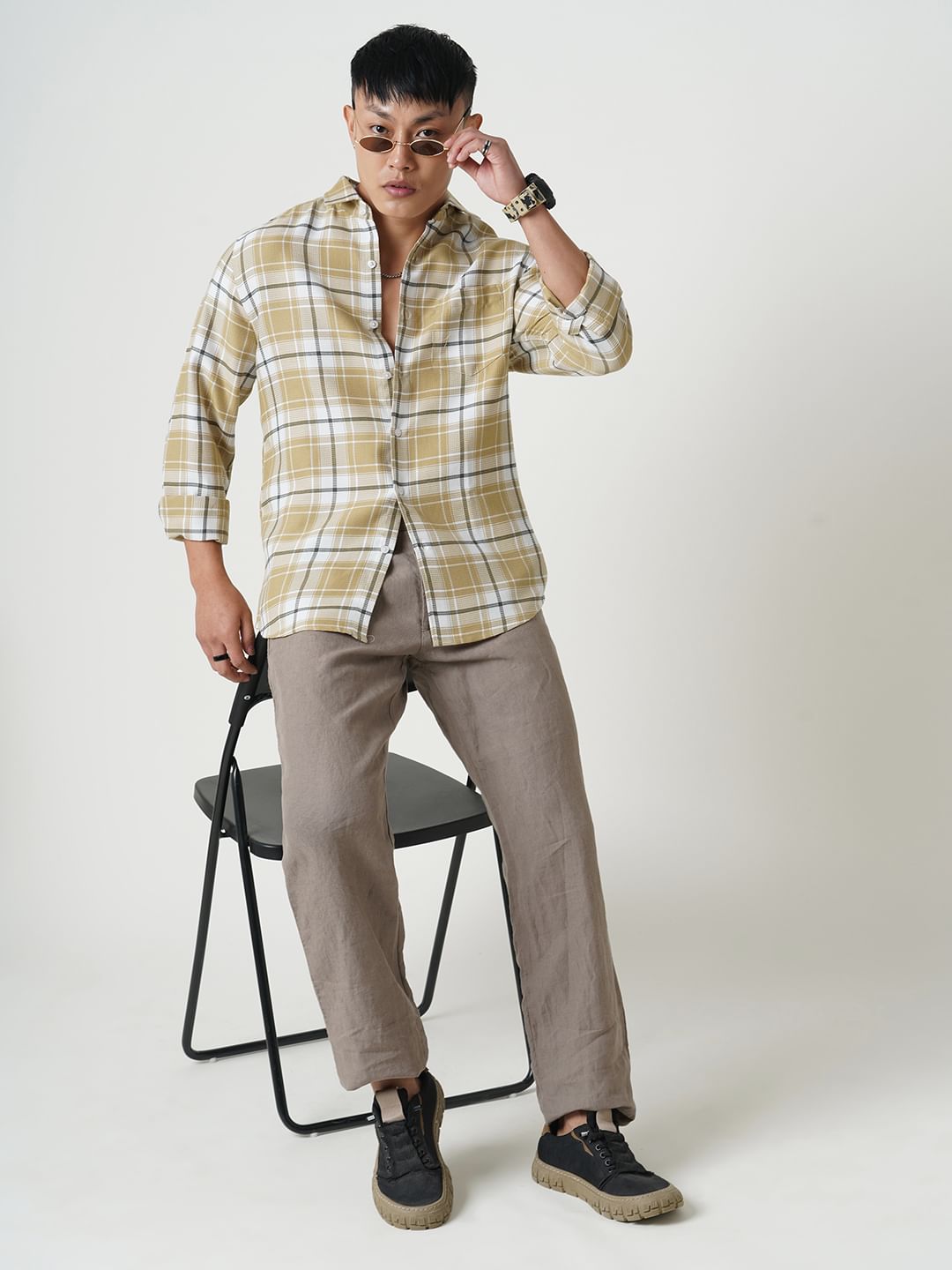 Voguish Beige Plaid Checked Waffle Shirt
