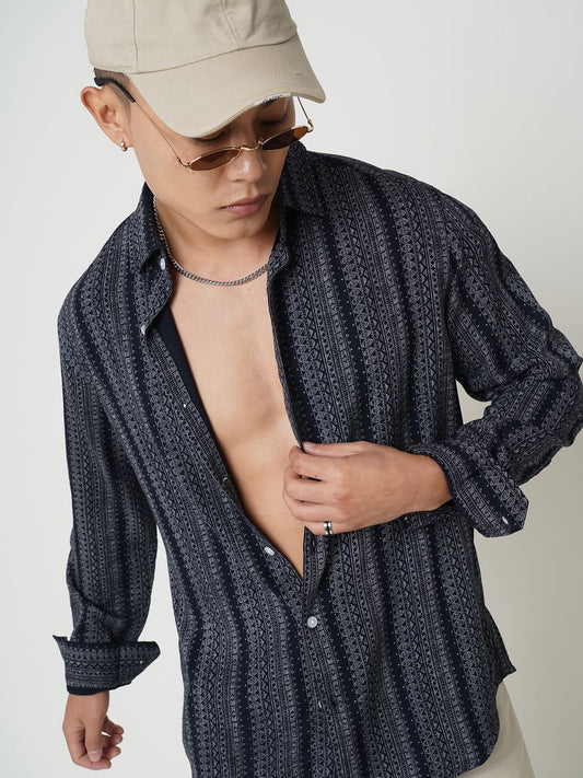 Premium Navy Ethnic Motifs Printed Shirt