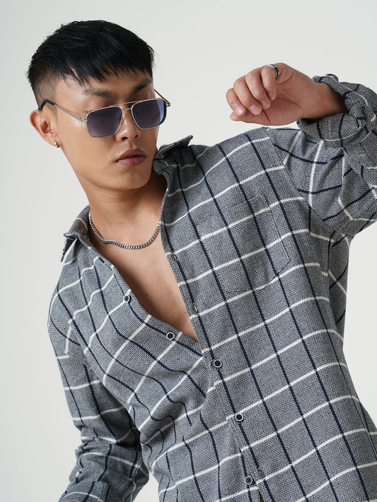 Navy & White Box Checked Tweed Shirt