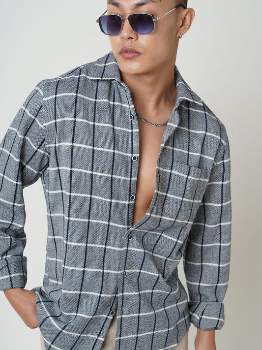 Navy & White Box Checked Tweed Shirt