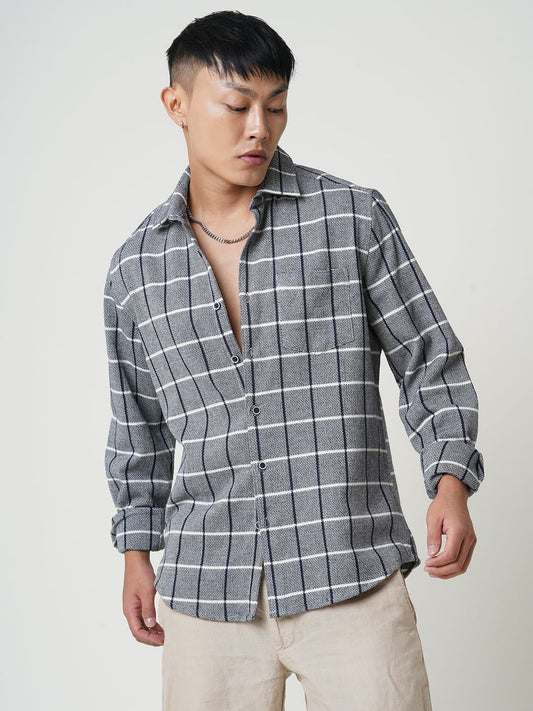 Navy & White Box Checked Tweed Shirt
