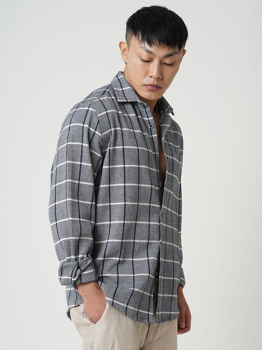 Navy & White Box Checked Tweed Shirt