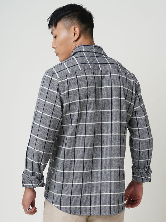 Navy & White Box Checked Tweed Shirt