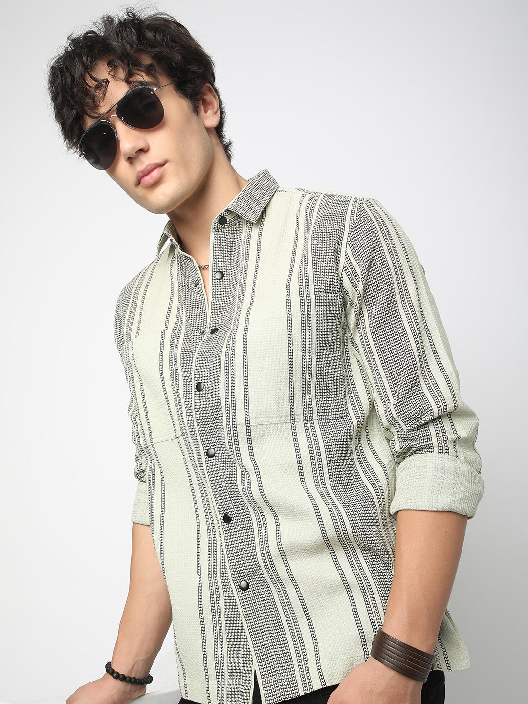 Refined Pistachio Green Waffle Striped Double Pocket Shirt