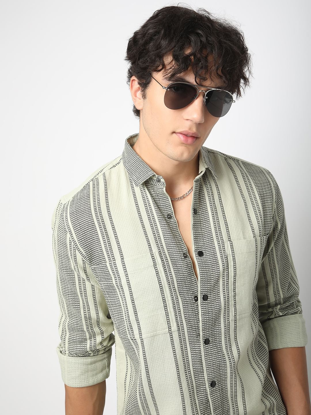 Refined Pistachio Green Waffle Striped Double Pocket Shirt