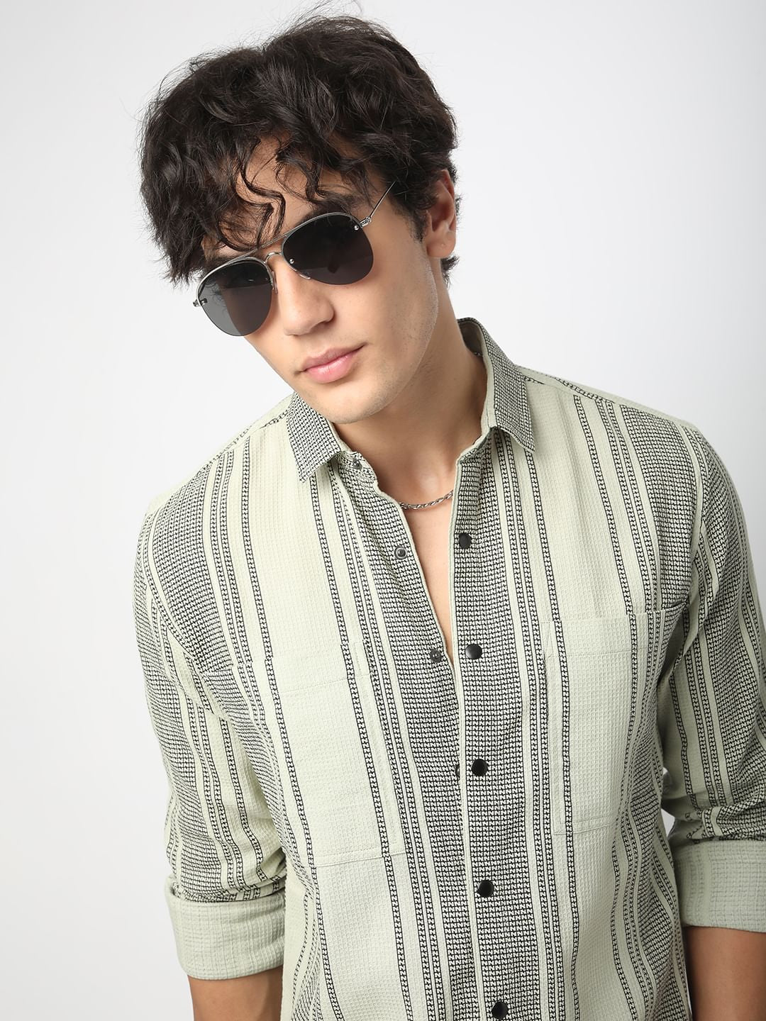 Refined Pistachio Green Waffle Striped Double Pocket Shirt