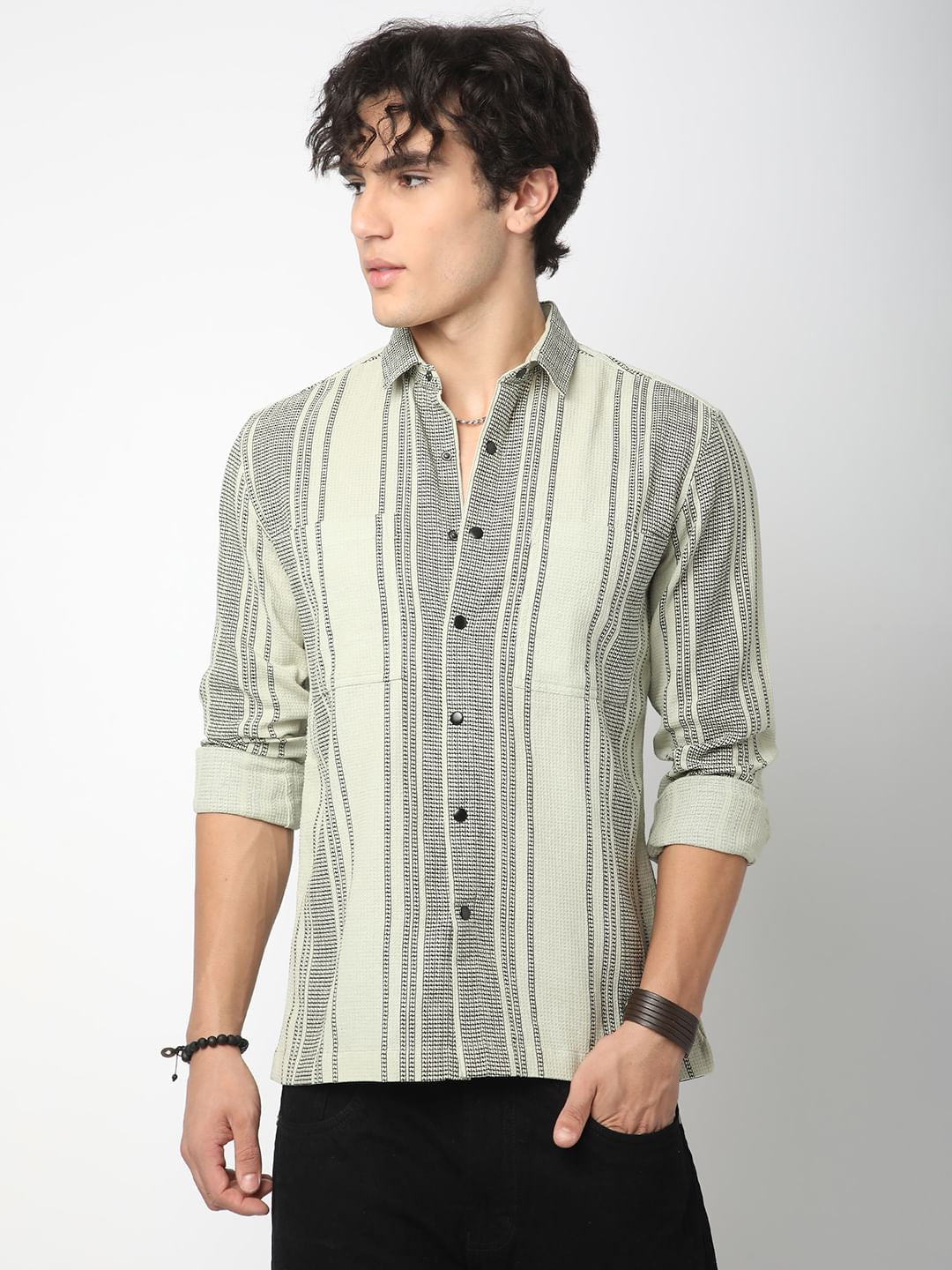 Refined Pistachio Green Waffle Striped Double Pocket Shirt