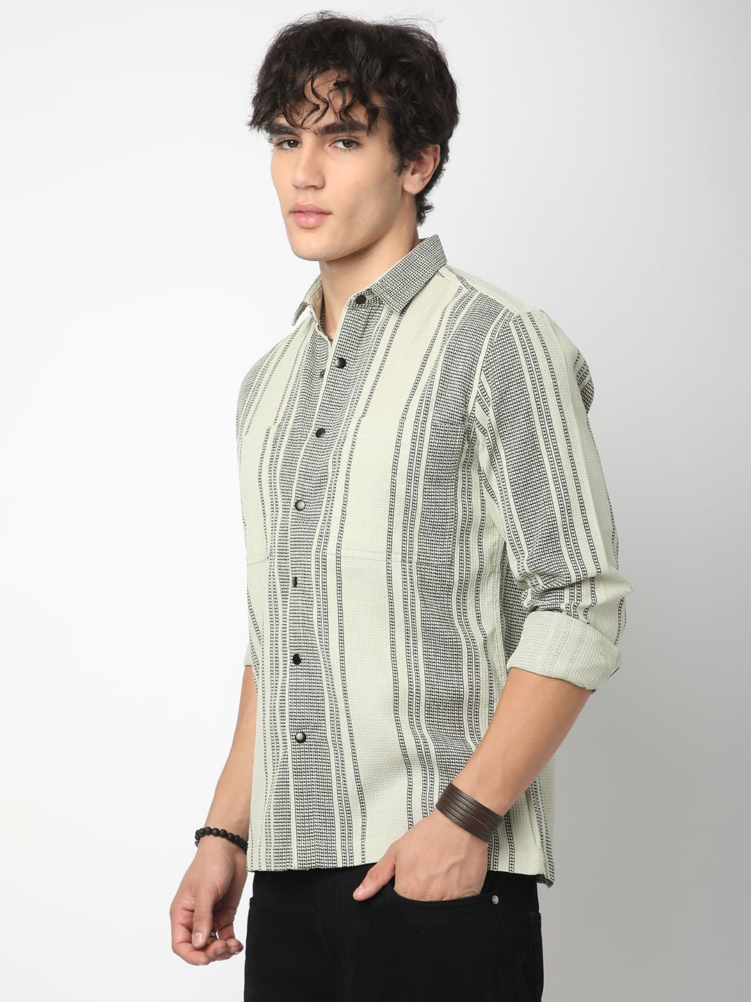 Refined Pistachio Green Waffle Striped Double Pocket Shirt