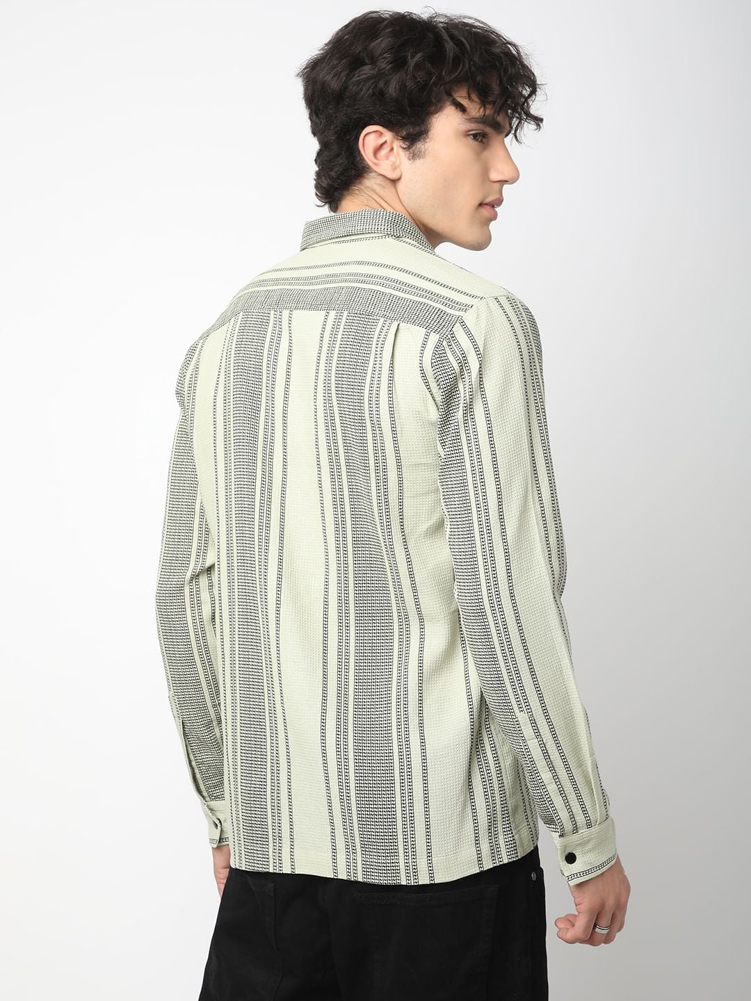 Refined Pistachio Green Waffle Striped Double Pocket Shirt