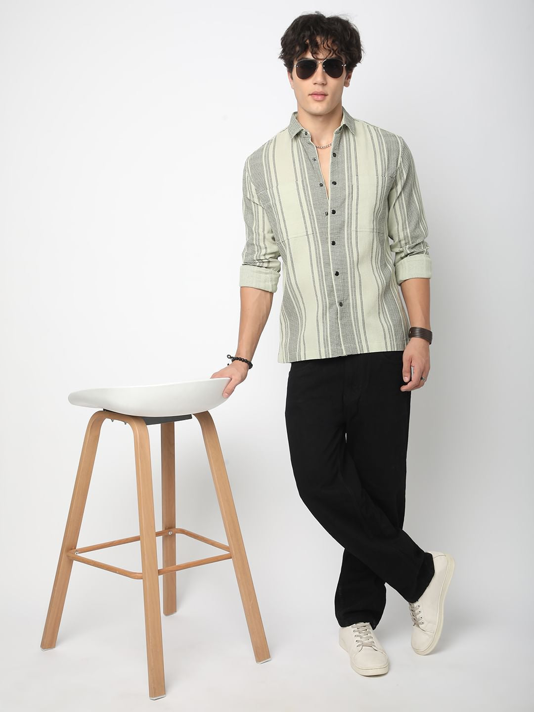 Refined Pistachio Green Waffle Striped Double Pocket Shirt