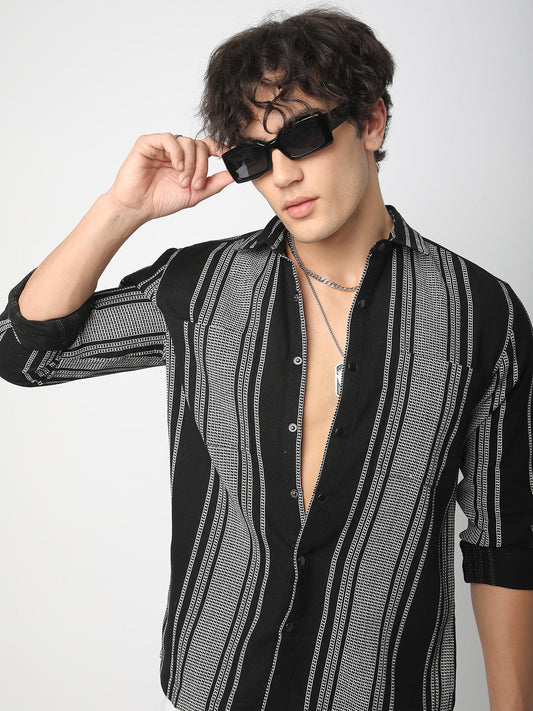 Refined Black Double Pocket Waffle Striped Shirt